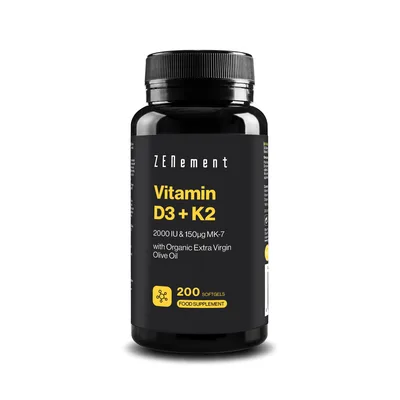 Vitamina D3 + K2 2000 UI y 150 µg MK-7 - 200 Cápsulas blandas — mejor vitamina D3